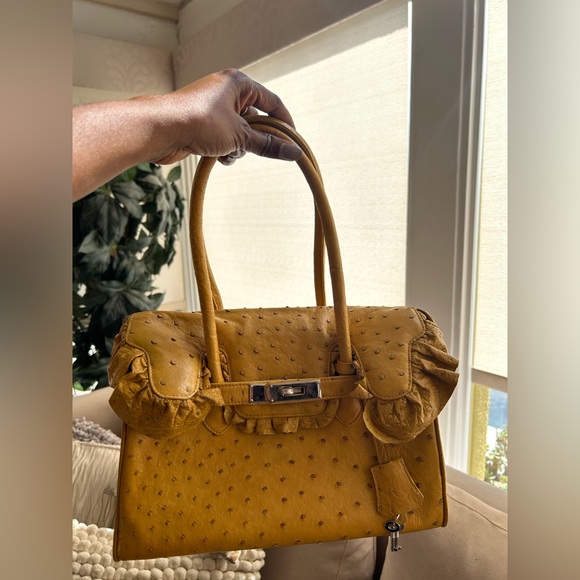 butterfly beverly hills Handbags - Butterfly Beverly Hills Elegant Mustard Yellow Ostrich Handbag